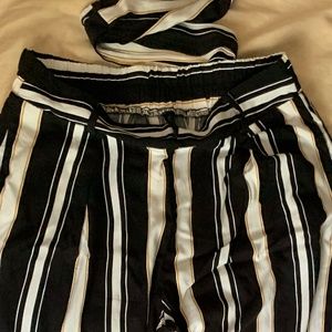 BeBop Black/White stripe Design Pants with belt Size Medium 100% Rayon Pull on